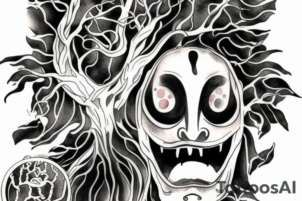 Scream mask with bonsai tree around it tattoo idea