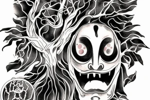 Scream mask with bonsai tree around it tattoo idea