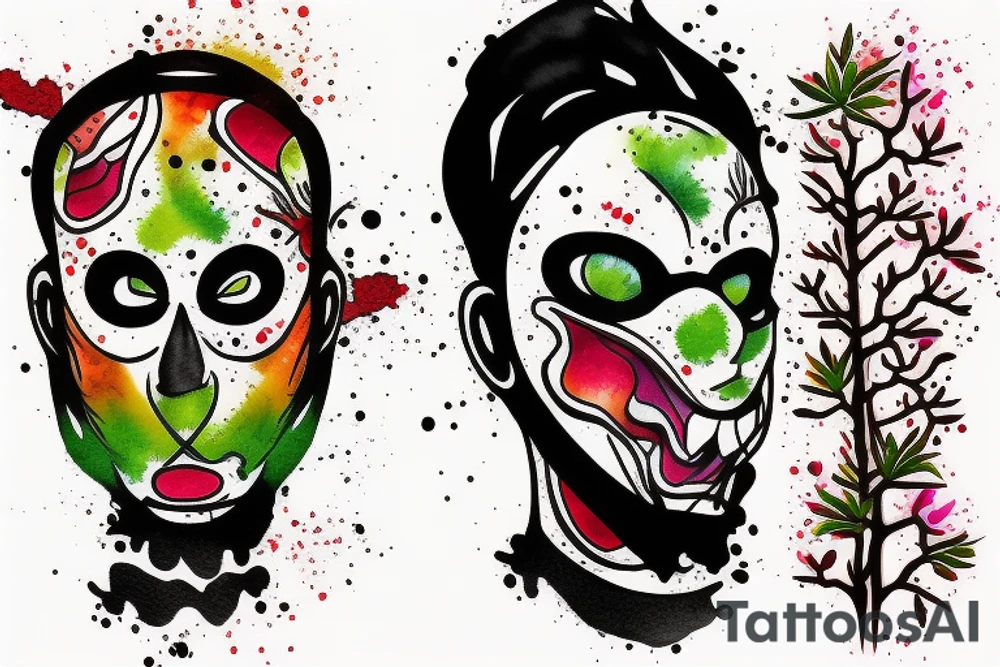 Scream mask with bonsai tree around it, colourful tattoo idea