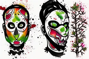 Scream mask with bonsai tree around it, colourful tattoo idea