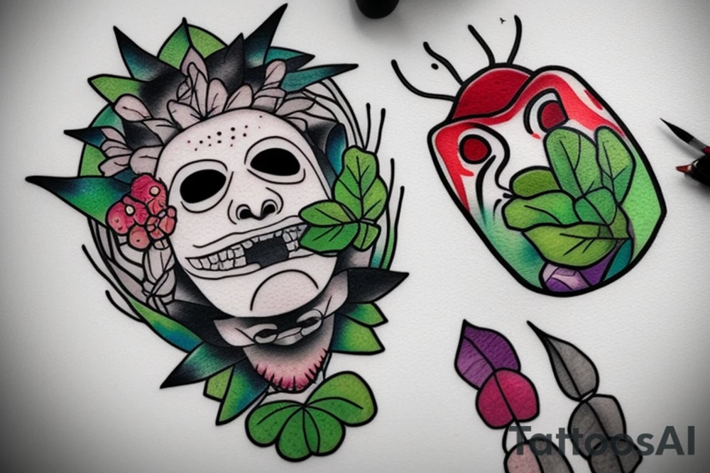 Scream mask with bonsai tree around it, colourful tattoo idea