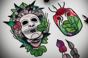 Scream mask with bonsai tree around it, colourful tattoo idea