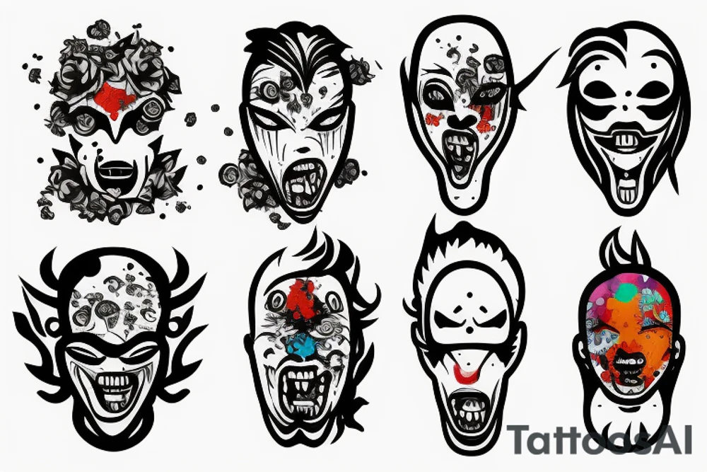 Scream mask with bonsai tree around it, colourful tattoo idea