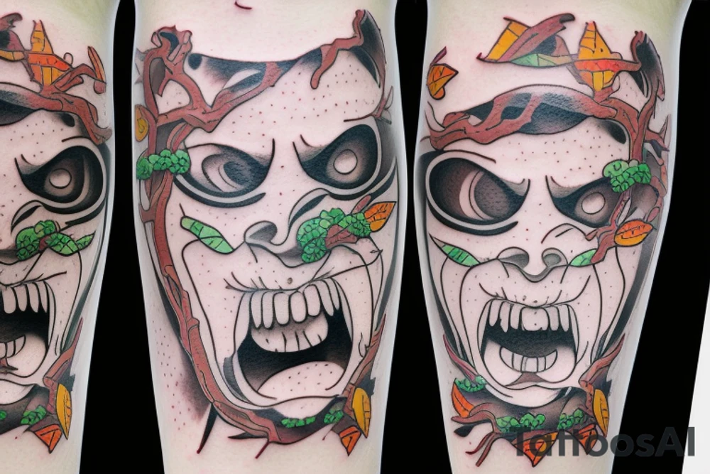 Scream mask with bonsai tree around it, colourful tattoo idea