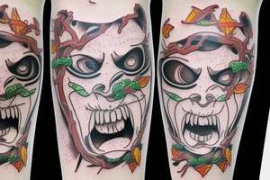Scream mask with bonsai tree around it, colourful tattoo idea