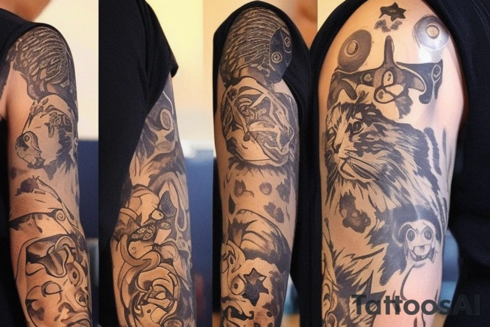i want a sleeve on my left arm that memorializes my lost pets and family members i want my hand and wrist to be flames and stars and going up my arm will be music notes and pawprints as well as a few personal thing to remember my mom dad foster dad and my son. it could be their names or just somethingthe that they loved my mom loved being a music director my dad loved 57 ford Fairlane and my foster dad loved horse races and my son loved to play video game my lost pets there have been 2 dogs and 7 cats so thats what the paw prints are for tattoo idea
