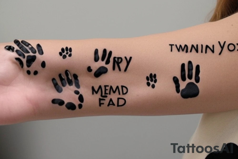 i want a sleeve on my left arm that memorializes my lost pets and family members i want my hand and wrist to be flames and stars and going up my arm will be music notes and pawprints as well as a few personal thing to remember my mom dad foster dad and my son. it could be their names or just somethingthe that they loved my mom loved being a music director my dad loved 57 ford Fairlane and my foster dad loved horse races and my son loved to play video game my lost pets there have been 2 dogs and 7 cats so that's what the paw prints are for tattoo idea