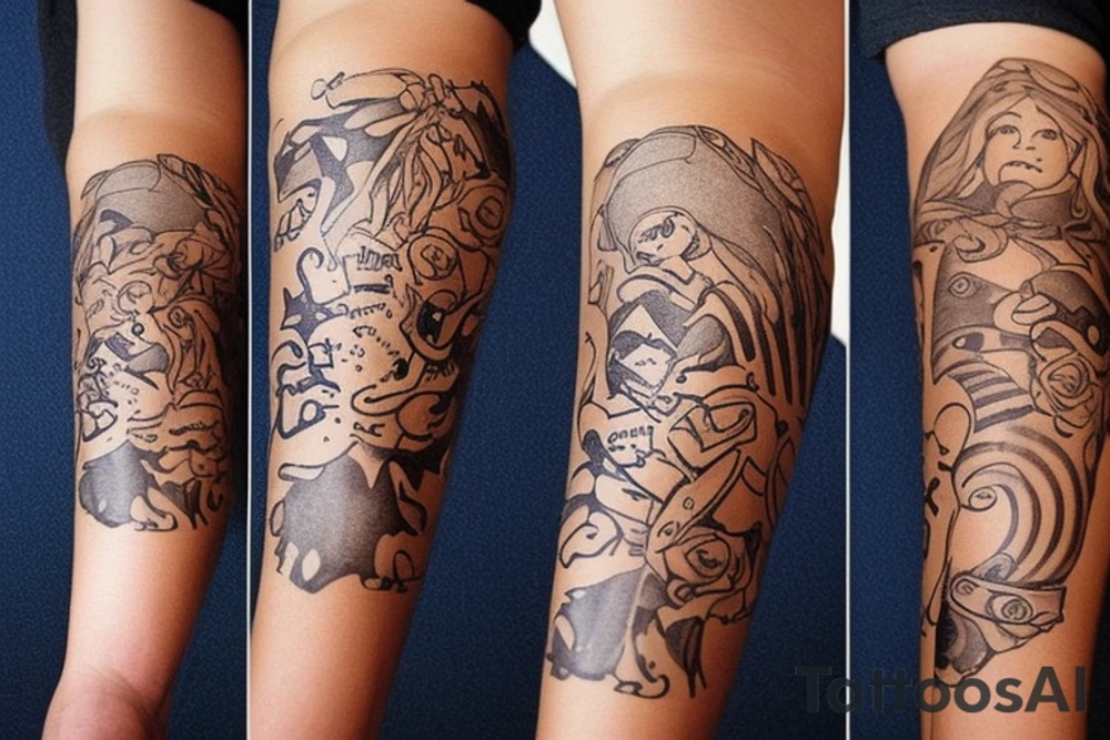 i want a sleeve on my left arm that memorializes my lost pets and family members i want my hand and wrist to be flames and stars and going up my arm will be music notes and pawprints as well as a few personal thing to remember my mom dad foster dad and my son. it could be their names or just somethingthe that they loved my mom loved being a music director my dad loved 57 ford Fairlane and my foster dad loved horse races and my son loved to play video game my lost pets there have been 2 dogs and 7 cats so that's what the paw prints are for tattoo idea
