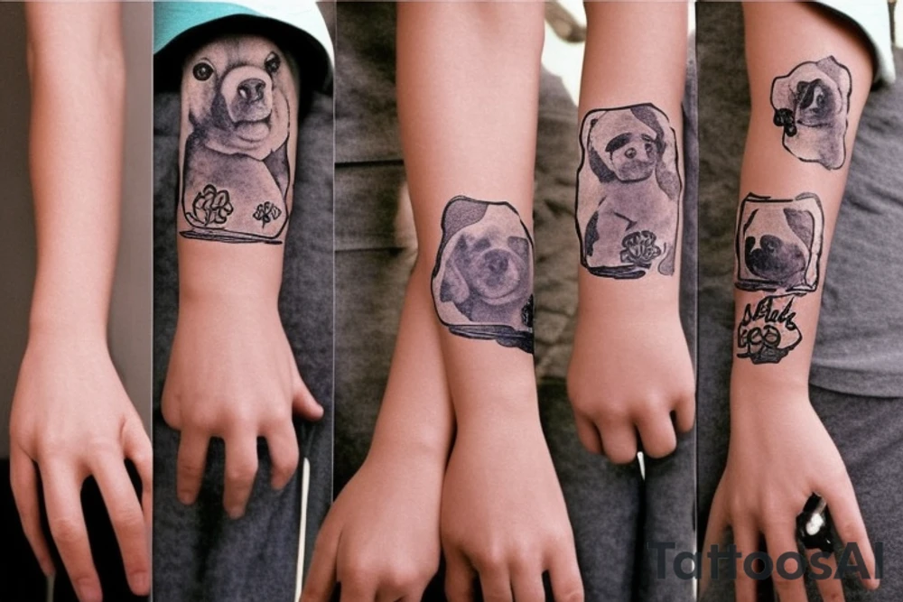 i want a sleeve on my left arm that memorializes my lost pets and family members i want my hand and wrist to be flames and stars and going up my arm will be music notes and pawprints as well as a few personal thing to remember my mom dad foster dad and my son. it could be their names or just somethingthe that they loved my mom loved being a music director my dad loved 57 ford Fairlane and my foster dad loved horse races and my son loved to play video game my lost pets there have been 2 dogs and 7 cats so that's what the paw prints are for tattoo idea