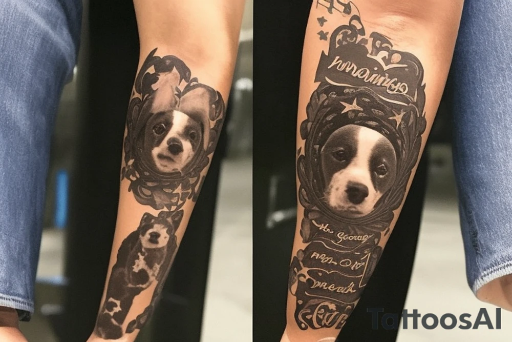 i want a sleeve on my left arm that memorializes my lost pets and family members i want my hand and wrist to be flames and stars and going up my arm will be music notes and pawprints as well as a few personal thing to remember my mom dad foster dad and my son. it could be their names or just somethingthe that they loved my mom loved being a music director my dad loved 57 ford Fairlane and my foster dad loved horse races and my son loved to play video game my lost pets there have been 2 dogs and 7 cats so that's what the paw prints are for tattoo idea
