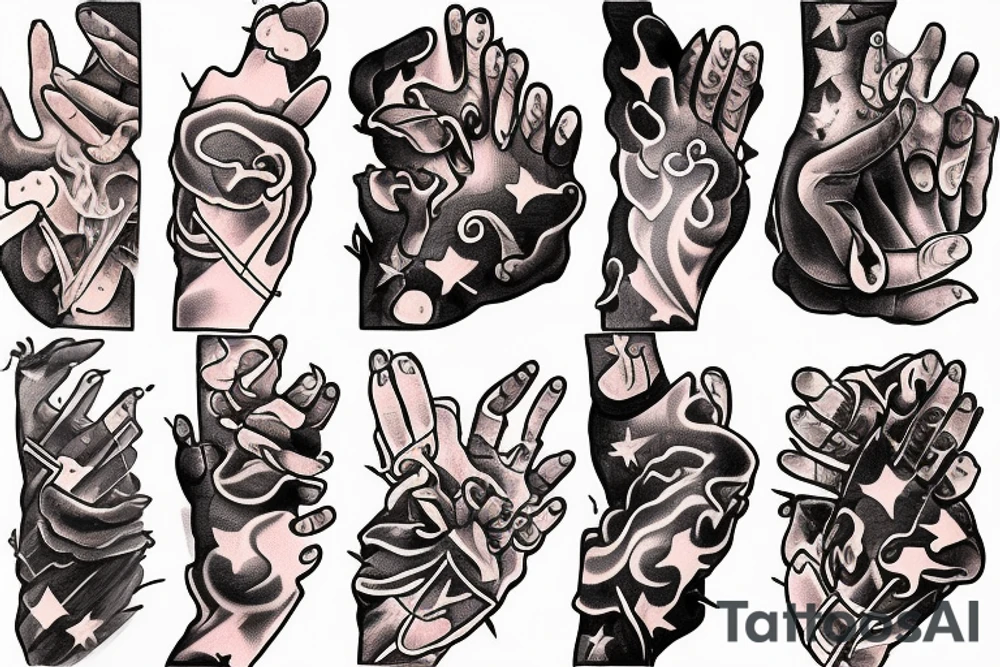 flames at the hand burning towards my wrist fading in to stars my for arm than lots of paw and stars and music notes this is a sleeve a full sleeve not patch work try again tattoo idea