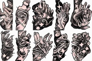 flames at the hand burning towards my wrist fading in to stars my for arm than lots of paw and stars and music notes this is a sleeve a full sleeve not patch work try again tattoo idea