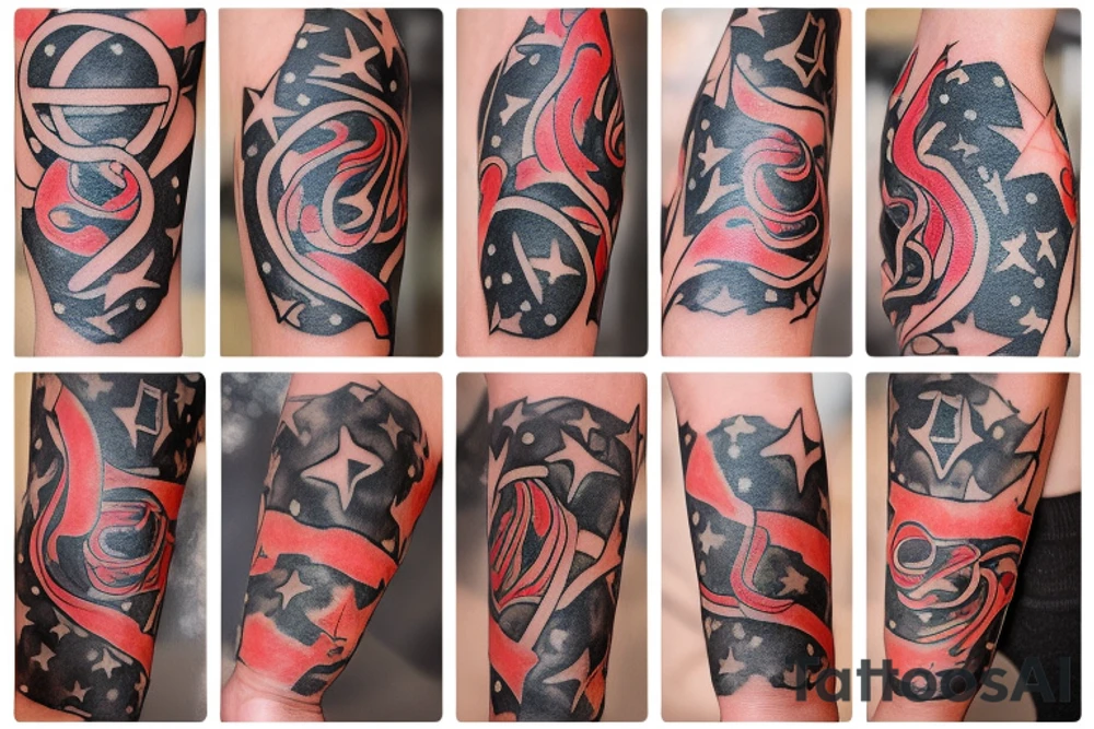 flames at the hand burning towards my wrist fading in to stars my for arm than lots of paw and stars and music notes this is a sleeve a full sleeve not patch work try again tattoo idea