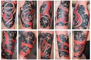 flames at the hand burning towards my wrist fading in to stars my for arm than lots of paw and stars and music notes this is a sleeve a full sleeve not patch work try again tattoo idea