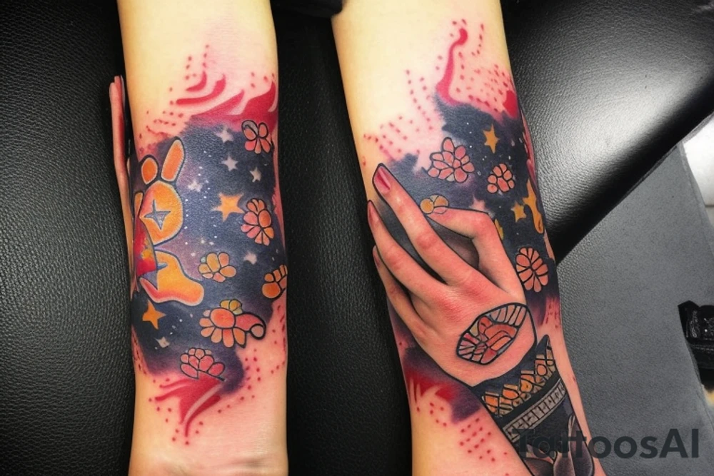 flames at the hand burning towards my wrist fading in to stars my for arm than lots of paw and stars and music notes this is a sleeve a full sleeve not patch work try again tattoo idea