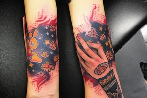 flames at the hand burning towards my wrist fading in to stars my for arm than lots of paw and stars and music notes this is a sleeve a full sleeve not patch work try again tattoo idea