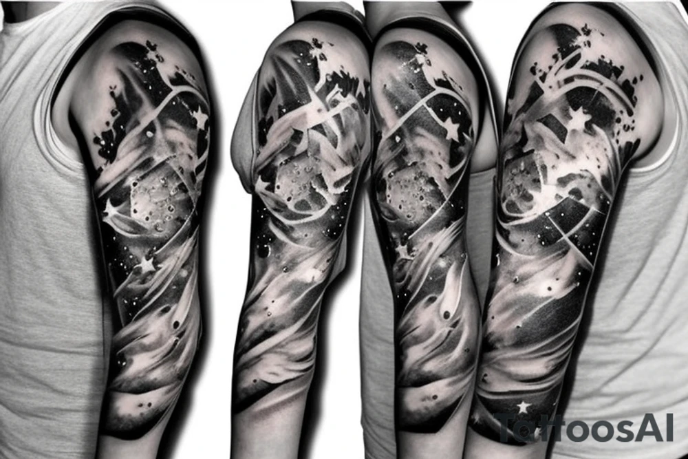 flames at the hand burning towards my wrist fading in to stars my for arm than lots of paw and stars and music notes this is a sleeve a full sleeve not patch work try again tattoo idea