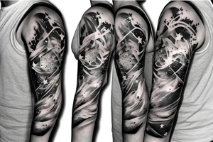 flames at the hand burning towards my wrist fading in to stars my for arm than lots of paw and stars and music notes this is a sleeve a full sleeve not patch work try again tattoo idea
