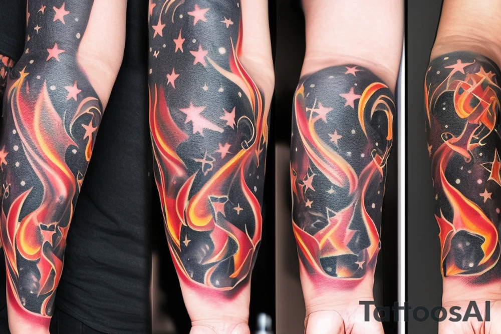 flames at the hand burning towards my wrist fading in to stars my for arm than lots of paw and stars and music notes this is a sleeve a full sleeve not patch work try again tattoo idea