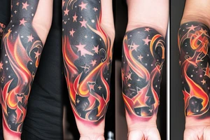flames at the hand burning towards my wrist fading in to stars my for arm than lots of paw and stars and music notes this is a sleeve a full sleeve not patch work try again tattoo idea