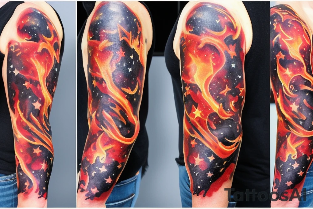 flames at the hand burning towards my wrist fading in to stars my for arm than lots of paw and stars and music notes this is a sleeve a full sleeve not patch work try again tattoo idea