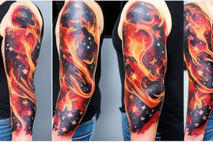 flames at the hand burning towards my wrist fading in to stars my for arm than lots of paw and stars and music notes this is a sleeve a full sleeve not patch work try again tattoo idea