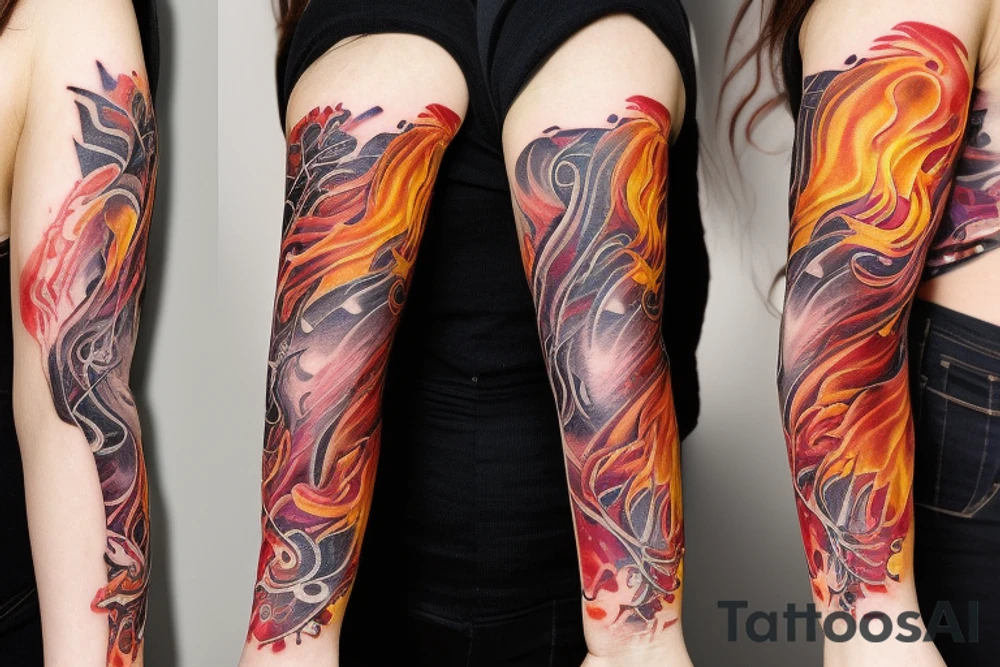 flames at the hand burning towards my wrist fading in to stars my for arm than lots of paw and stars and music notes this is a sleeve a full sleeve not patch work try again tattoo idea