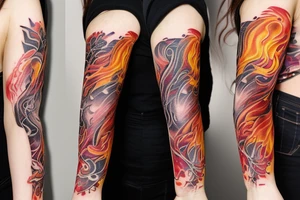 flames at the hand burning towards my wrist fading in to stars my for arm than lots of paw and stars and music notes this is a sleeve a full sleeve not patch work try again tattoo idea