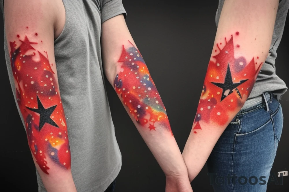 flames at the hand burning towards my wrist fading in to stars my for arm than lots of paw and stars and music notes this is a sleeve a full sleeve not patch work try again tattoo idea