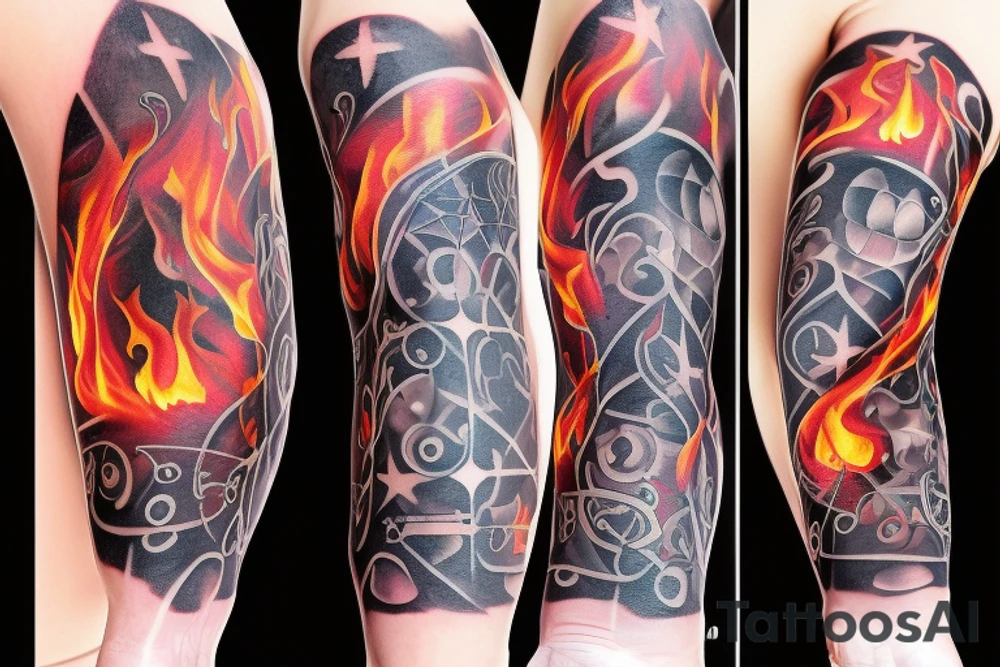 flames at the hand burning towards my wrist fading in to stars my for arm than lots of paw and stars and music notes this is a sleeve a full sleeve not patch work try again tattoo idea