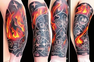 flames at the hand burning towards my wrist fading in to stars my for arm than lots of paw and stars and music notes this is a sleeve a full sleeve not patch work try again tattoo idea