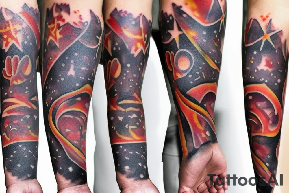 flames at the hand burning towards my wrist fading in to stars my for arm than lots of paw and stars and music notes this is a sleeve a full sleeve not patch work try again tattoo idea