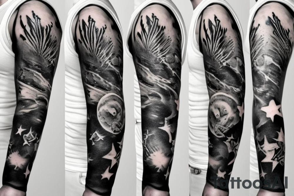 flames at the hand burning towards my wrist fading in to stars my for arm than lots of paw and stars and music notes this is a sleeve a full sleeve not patch work try again tattoo idea