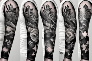 flames at the hand burning towards my wrist fading in to stars my for arm than lots of paw and stars and music notes this is a sleeve a full sleeve not patch work try again tattoo idea