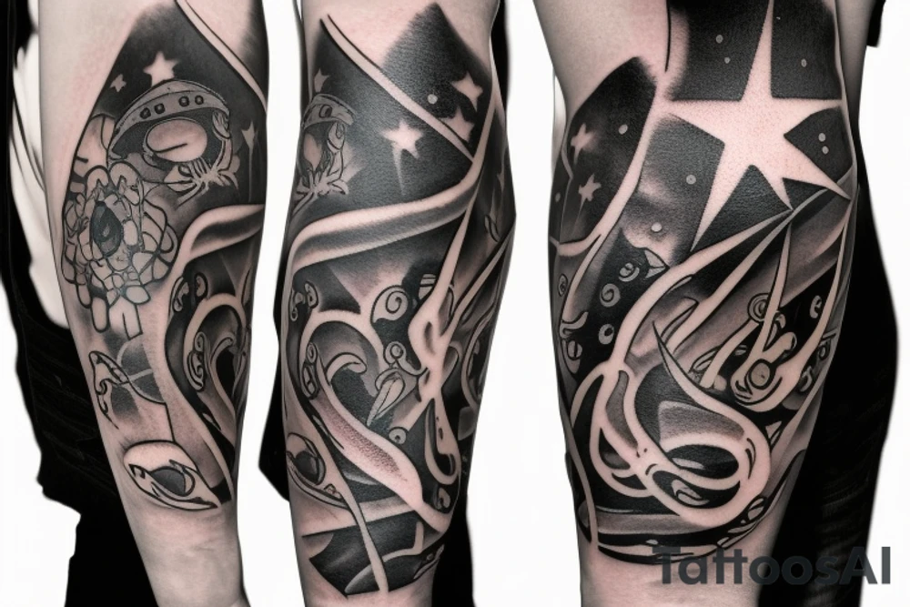 flames at the hand burning towards my wrist fading in to stars my for arm than lots of paw and stars and music notes this is a sleeve a full sleeve not patch work try again tattoo idea
