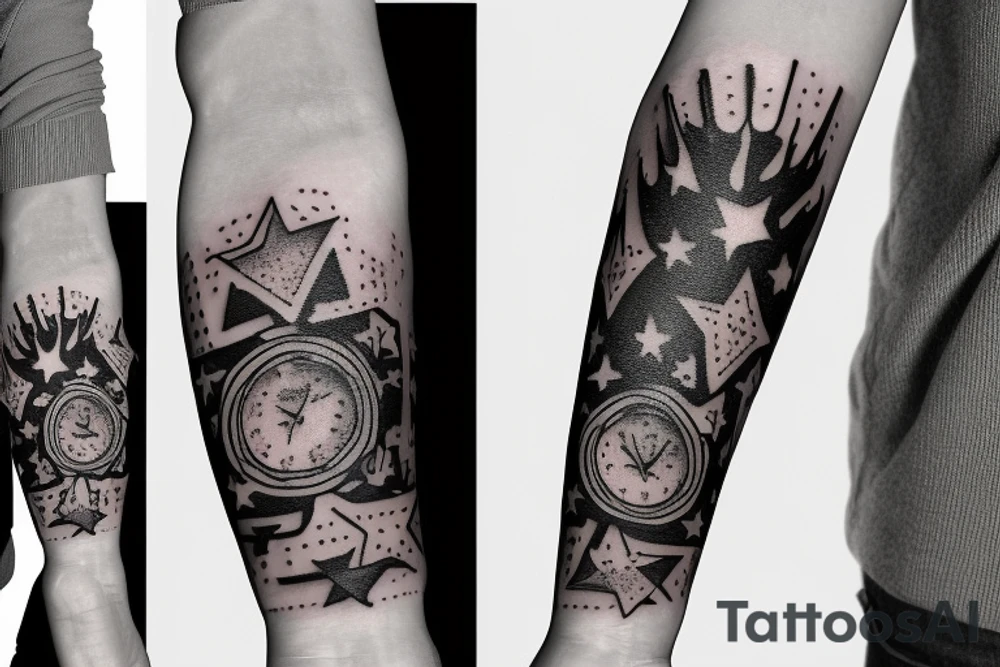 flames at the hand burning towards my wrist fading in to stars my for arm than lots of paw and stars and music notes this is a sleeve a full sleeve not patch work try again tattoo idea
