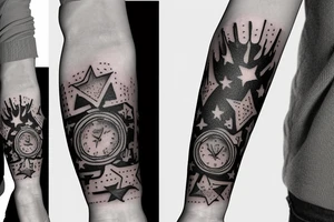 flames at the hand burning towards my wrist fading in to stars my for arm than lots of paw and stars and music notes this is a sleeve a full sleeve not patch work try again tattoo idea