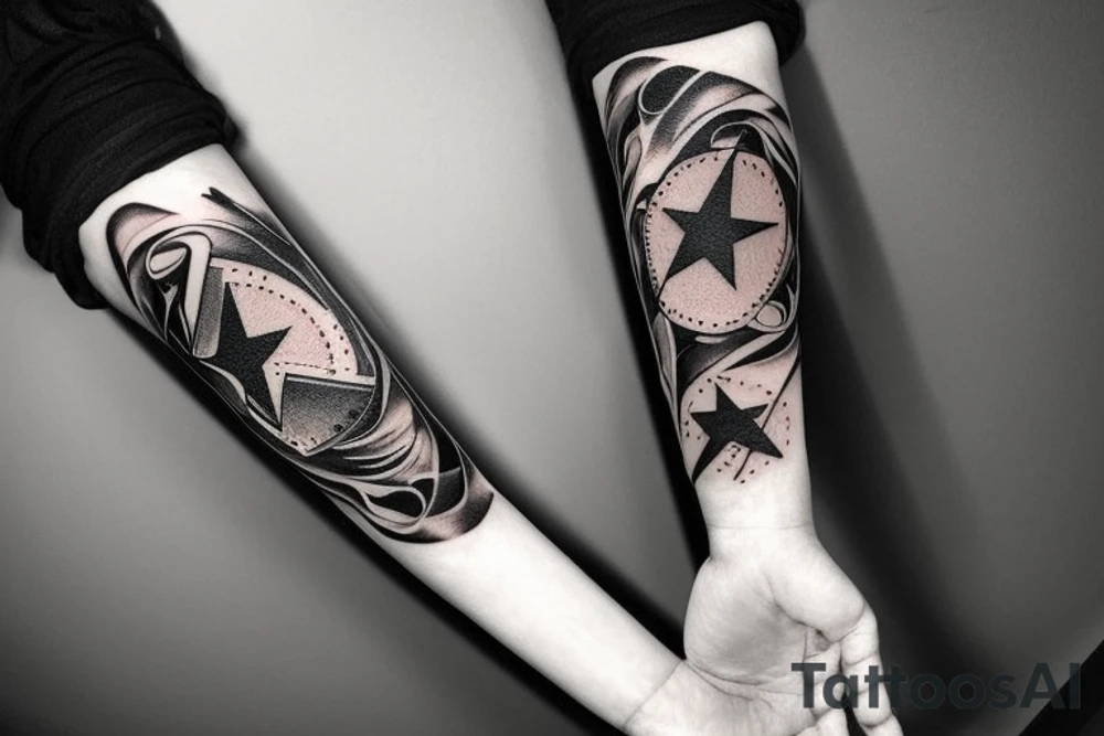 flames at the hand burning towards my wrist fading in to stars my for arm than lots of paw and stars and music notes this is a sleeve a full sleeve not patch work try again tattoo idea