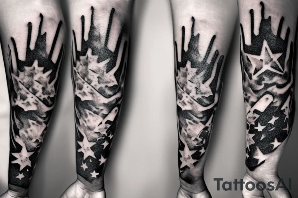 flames at the hand burning towards my wrist fading in to stars my for arm than lots of paw and stars and music notes this is a sleeve a full sleeve not patch work try again tattoo idea