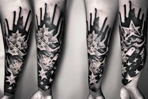 flames at the hand burning towards my wrist fading in to stars my for arm than lots of paw and stars and music notes this is a sleeve a full sleeve not patch work try again tattoo idea
