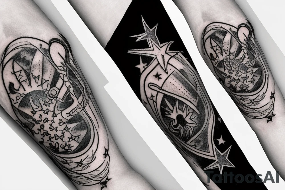 flames at the hand burning towards my wrist fading in to stars my for arm than lots of paw and stars and music notes this is a sleeve a full sleeve not patch work try again tattoo idea