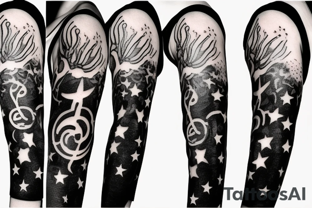 flames at the hand burning towards my wrist fading in to stars my for arm than lots of paw and stars and music notes this is a sleeve a full sleeve not patch work try again tattoo idea