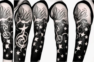 flames at the hand burning towards my wrist fading in to stars my for arm than lots of paw and stars and music notes this is a sleeve a full sleeve not patch work try again tattoo idea