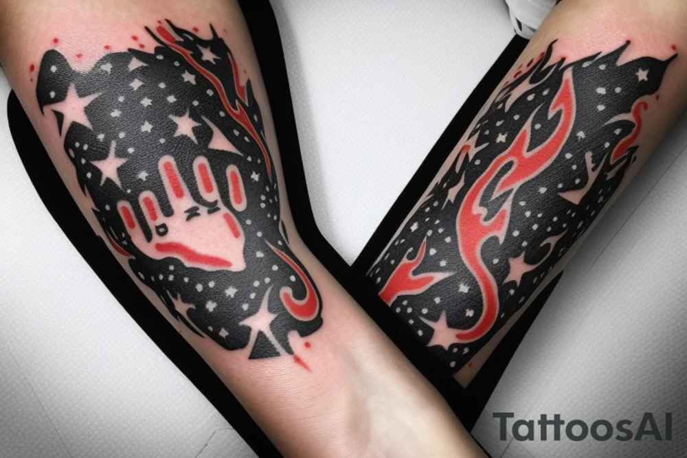flames at the hand burning towards my wrist fading in to stars my for arm than lots of paw and stars and music notes this is a sleeve a full sleeve not patch work try again tattoo idea
