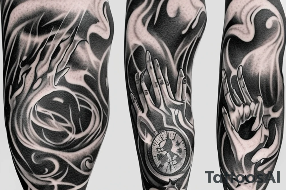 flames at the hand burning towards my wrist fading in to stars my for arm than lots of paw and stars and music notes this is a sleeve a full sleeve not patch work try again tattoo idea