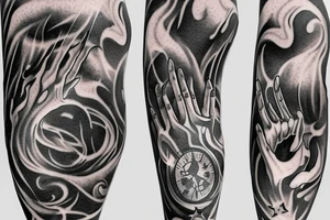 flames at the hand burning towards my wrist fading in to stars my for arm than lots of paw and stars and music notes this is a sleeve a full sleeve not patch work try again tattoo idea