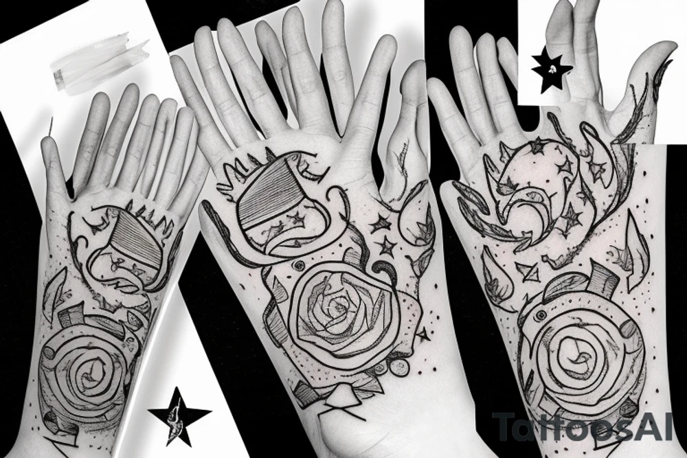 flames at the hand burning towards my wrist fading in to stars my for arm than lots of paw and stars and music notes this is a sleeve a full sleeve not patch work try again tattoo idea