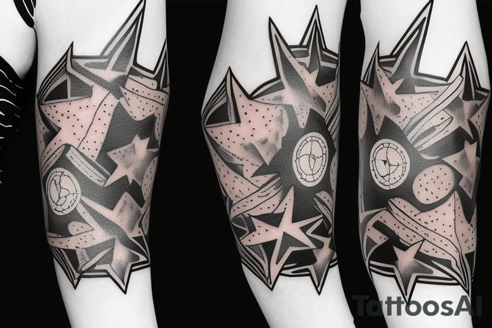 flames at the hand burning towards my wrist fading in to stars my for arm than lots of paw and stars and music notes this is a sleeve a full sleeve not patch work try again tattoo idea