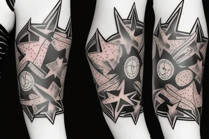 flames at the hand burning towards my wrist fading in to stars my for arm than lots of paw and stars and music notes this is a sleeve a full sleeve not patch work try again tattoo idea