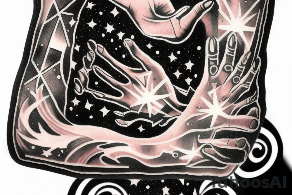 flames at the hand burning towards my wrist fading in to stars my for arm than lots of paw and stars and music notes this is a sleeve a full sleeve not patch work try again tattoo idea